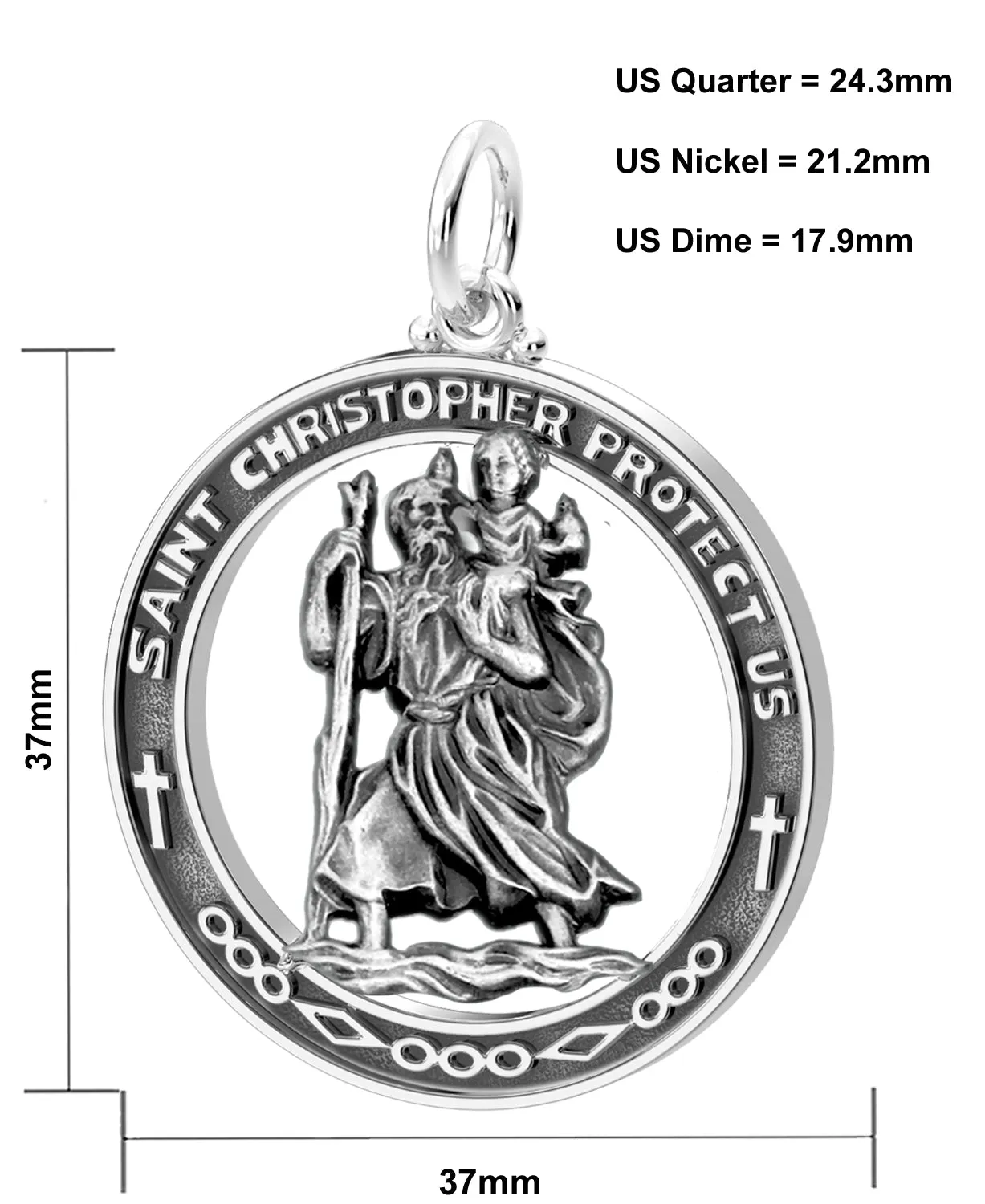 Men's Large 925 Sterling Silver Saint Christopher Round Antique Pendant Necklace, 37mm