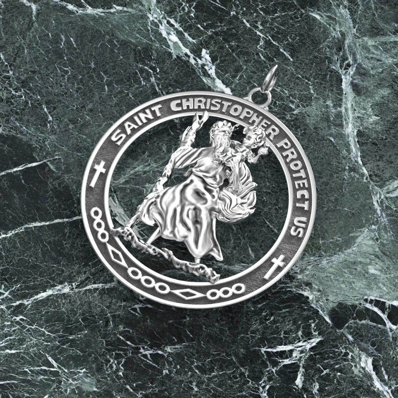 Men's Large 925 Sterling Silver Saint Christopher Round Antique Pendant Necklace, 37mm