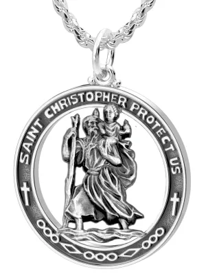 Men's Large 925 Sterling Silver Saint Christopher Round Antique Pendant Necklace, 37mm