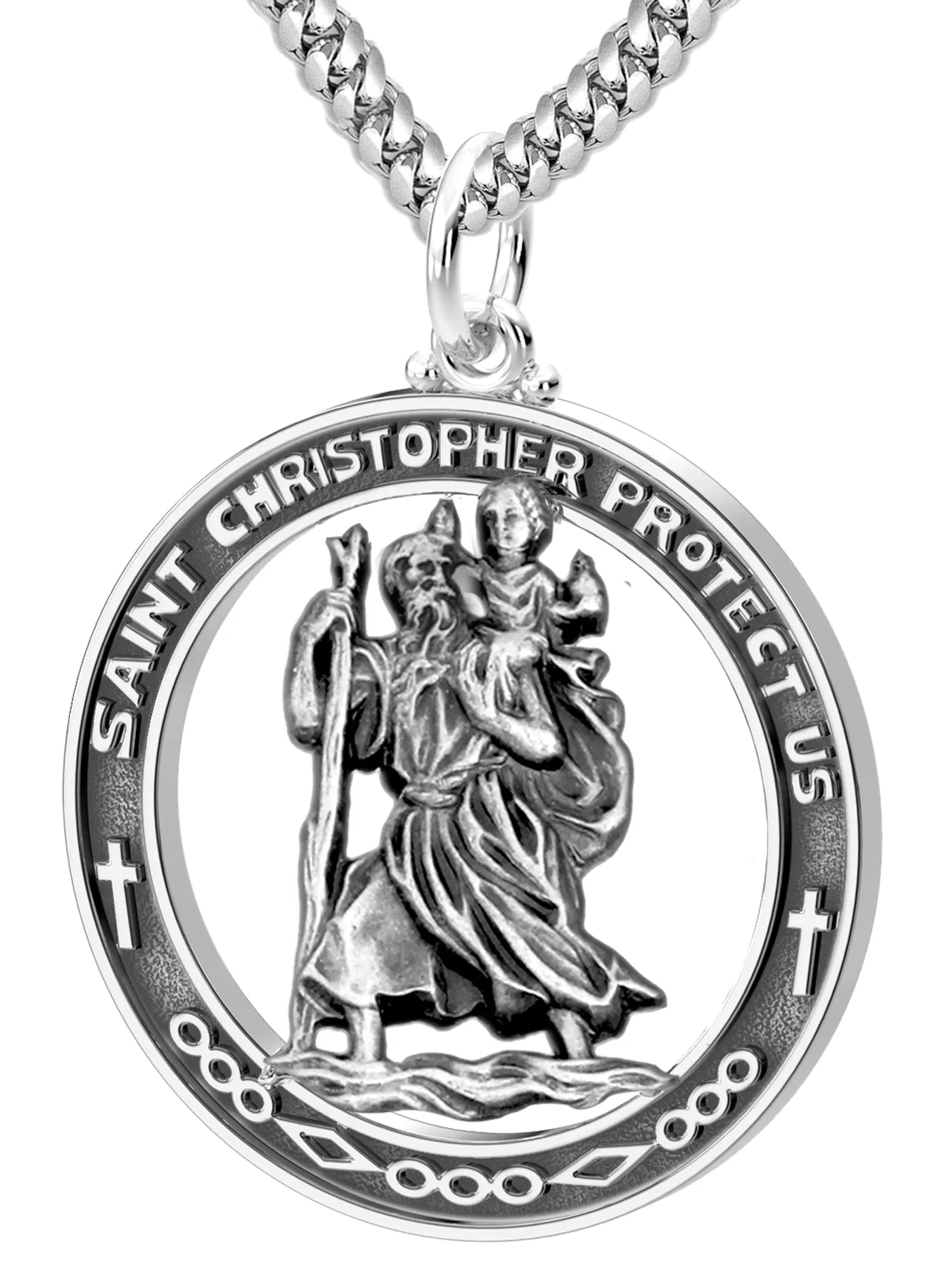 Men's Large 925 Sterling Silver Saint Christopher Round Antique Pendant Necklace, 37mm