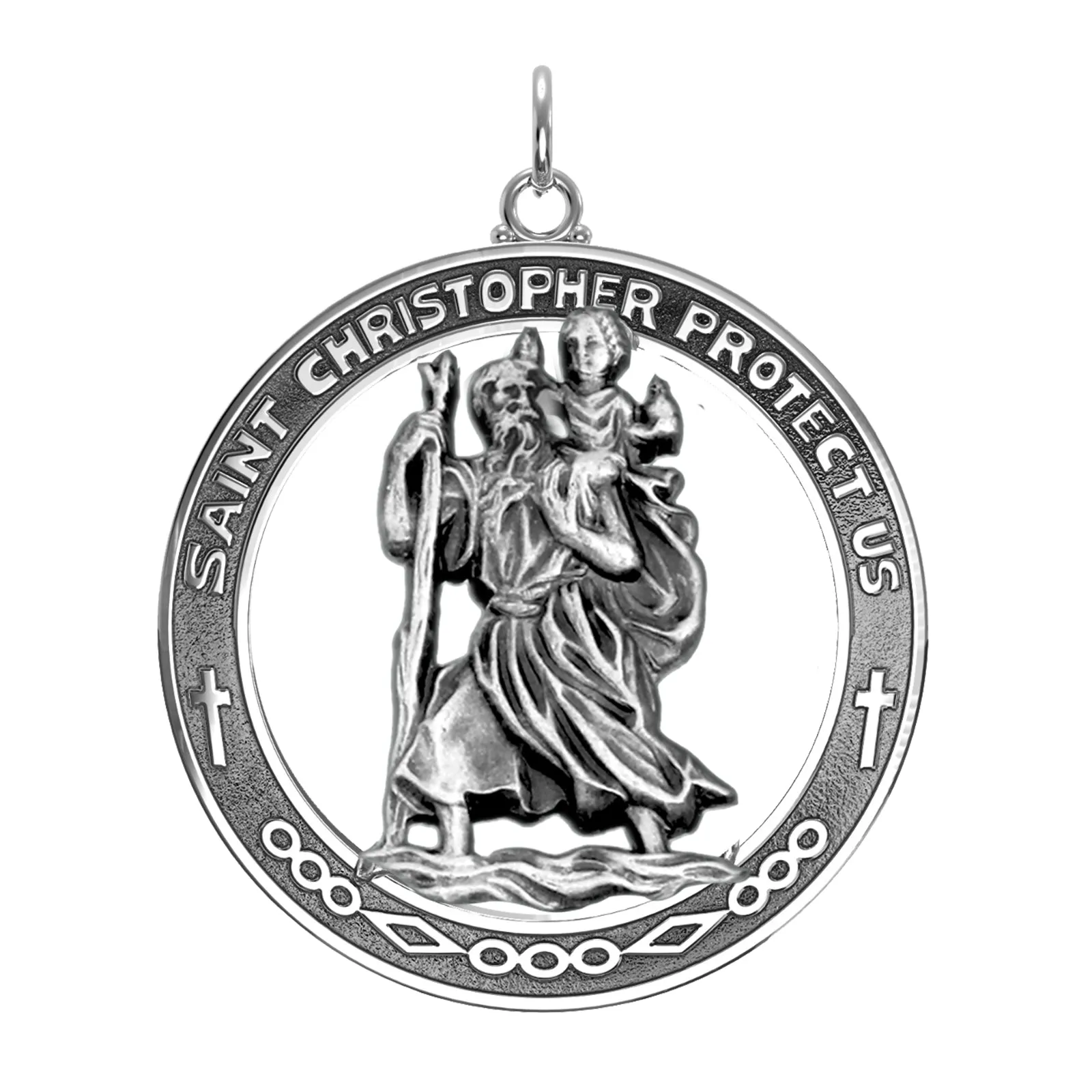 Men's Large 925 Sterling Silver Saint Christopher Round Antique Pendant Necklace, 37mm