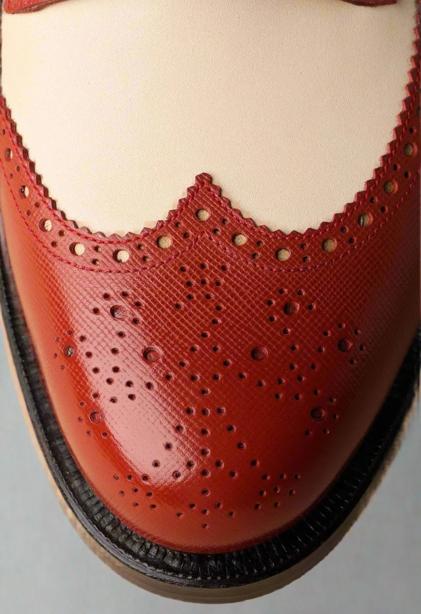 Men’s Wingtips in Wine Red and Beige Lux Leather - Formal shoes