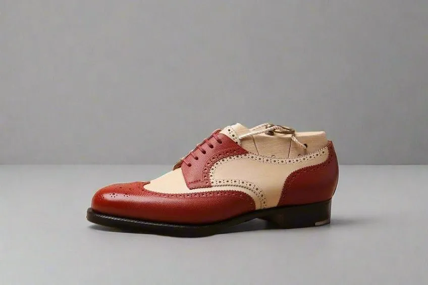 Men’s Wingtips in Wine Red and Beige Lux Leather - Formal shoes