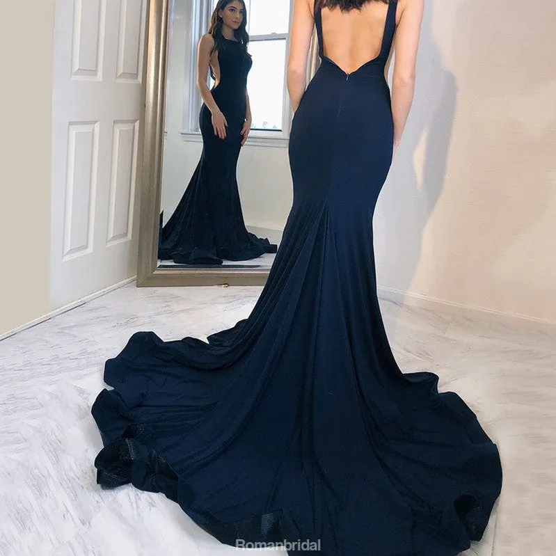 Mermaid Bateau Neck Backless Navy Blue Prom Dress With Train, PD0650