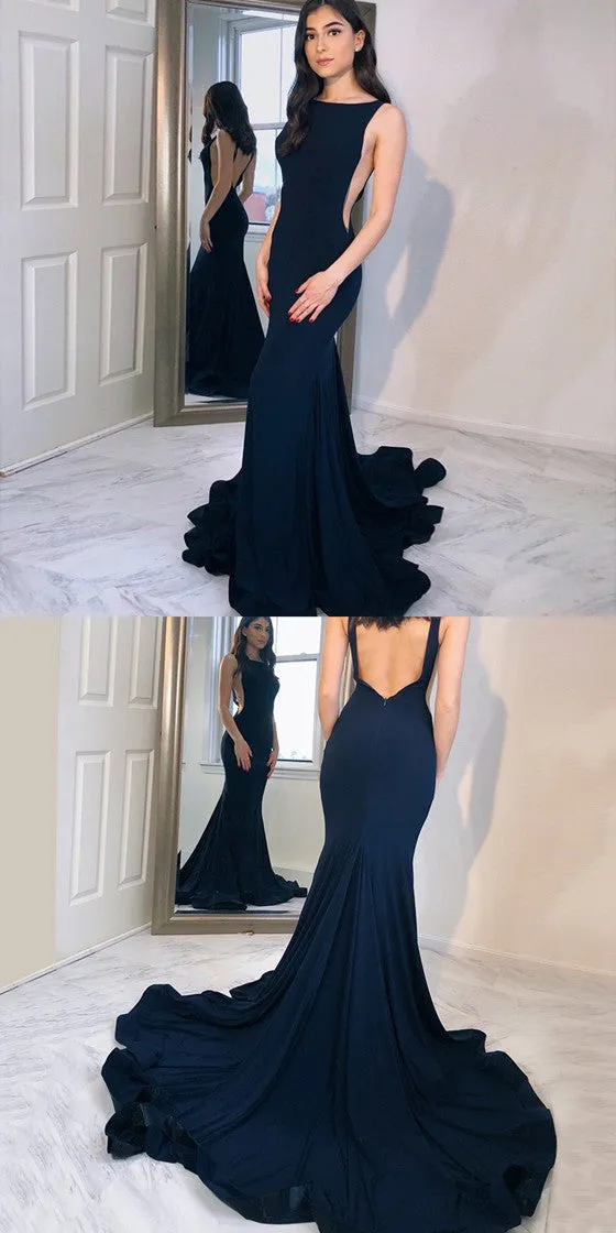 Mermaid Bateau Neck Backless Navy Blue Prom Dress With Train, PD0650