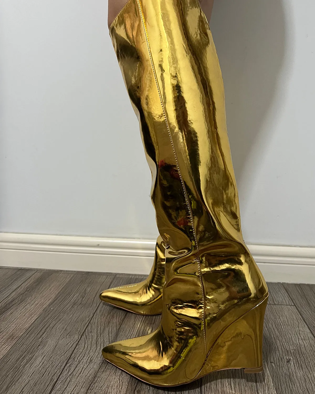 Metallic leather gold knee high wedge boots for women