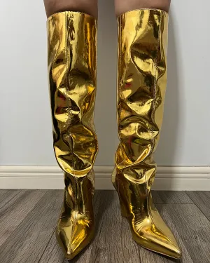 Metallic leather gold knee high wedge boots for women