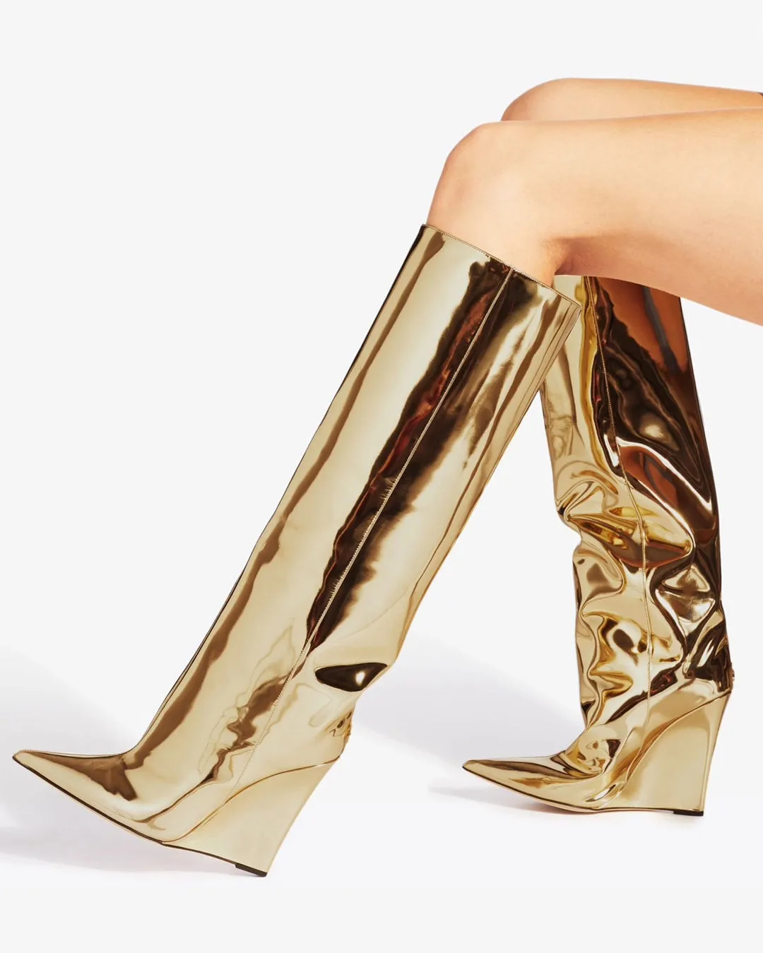Metallic leather gold knee high wedge boots for women