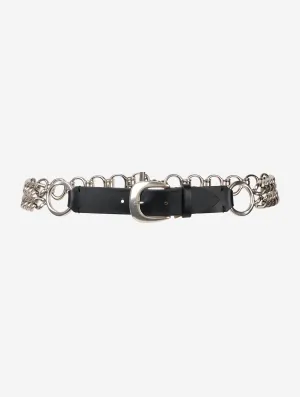 Metallic silver chain and leather belt