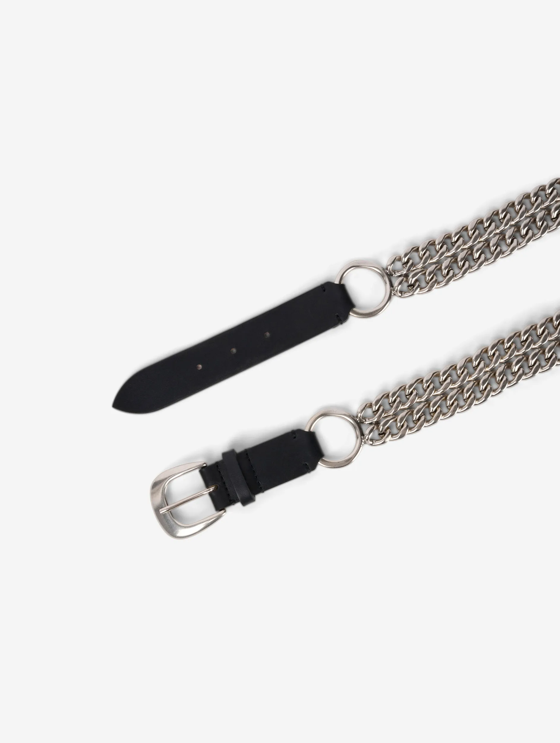 Metallic silver chain and leather belt