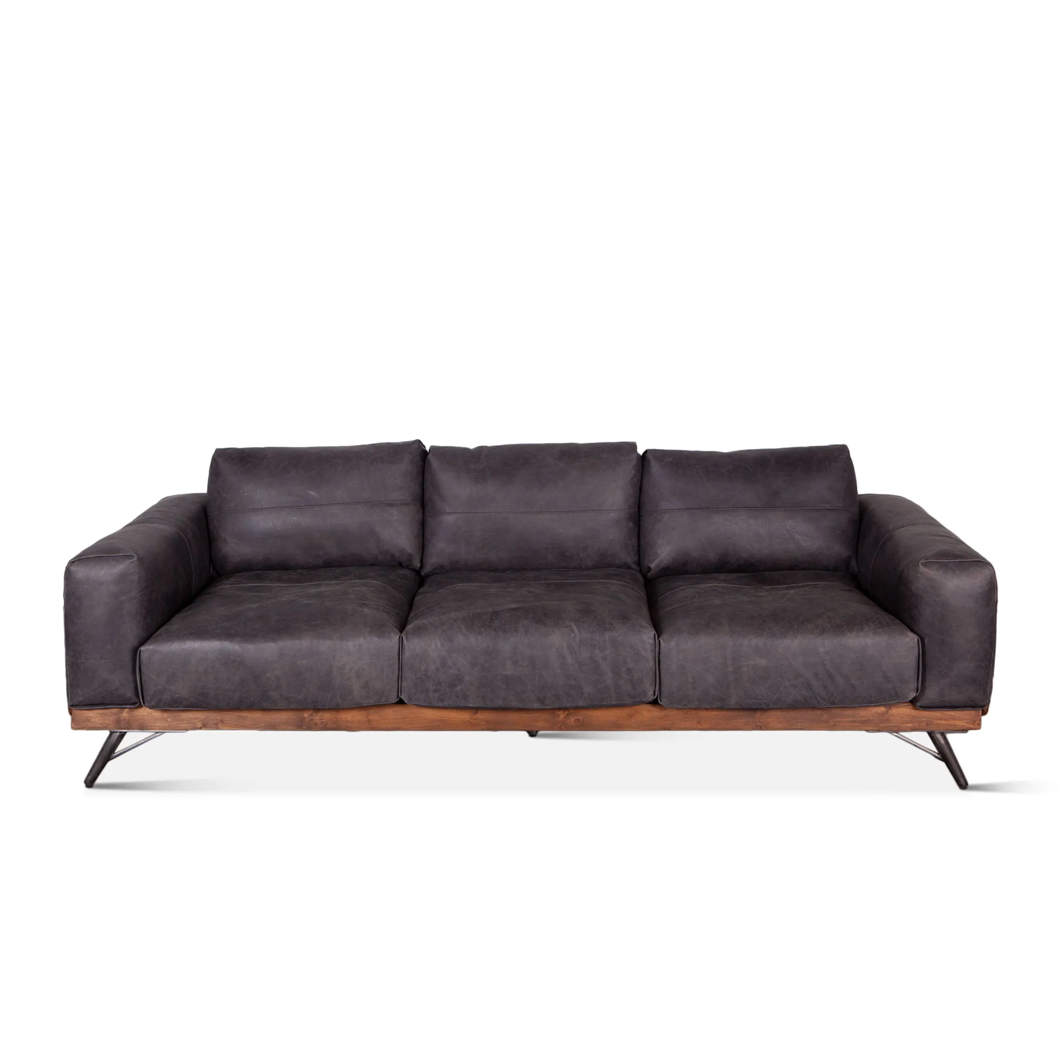Mid Century Leather and Wood Sofa - Antique Ebony