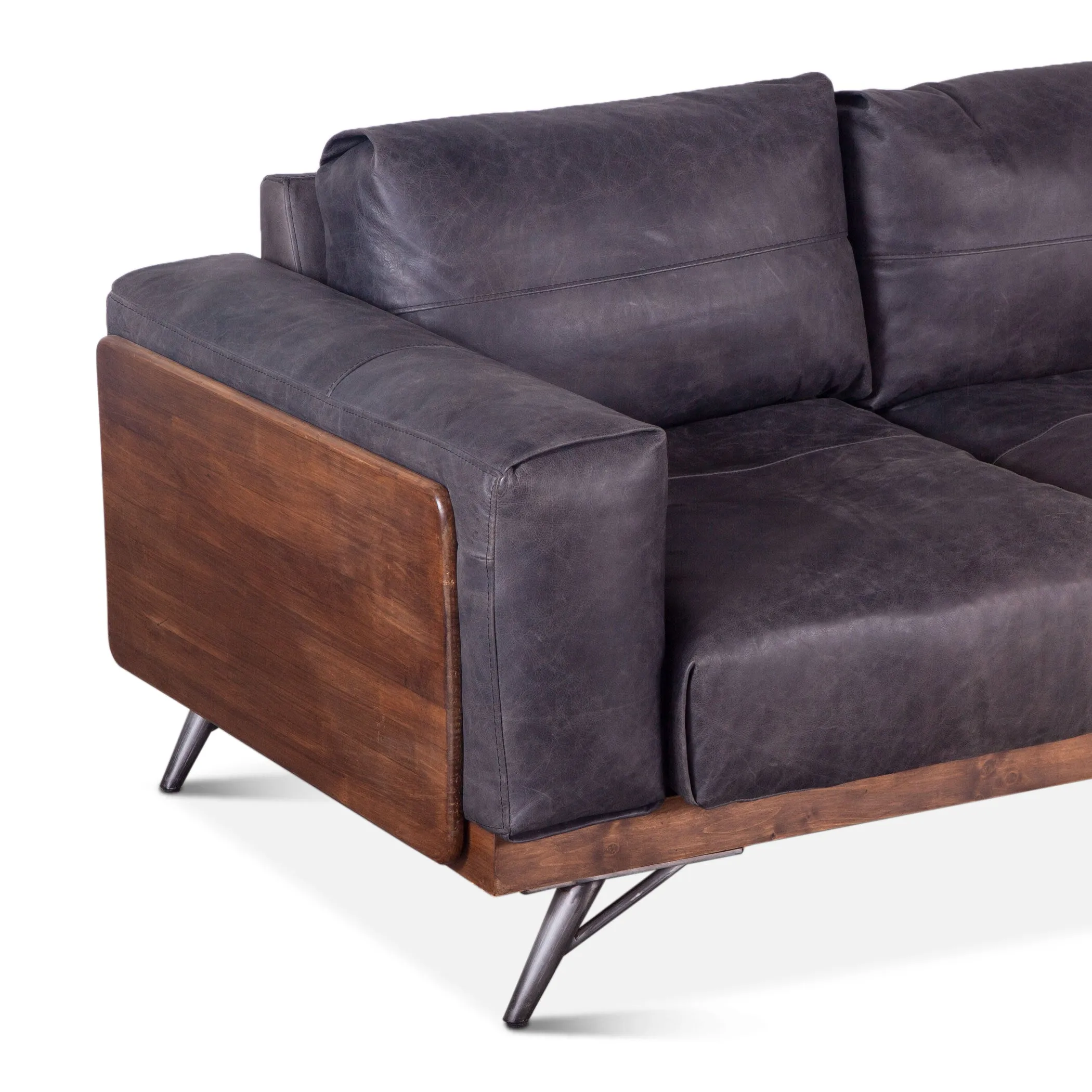 Mid Century Leather and Wood Sofa - Antique Ebony