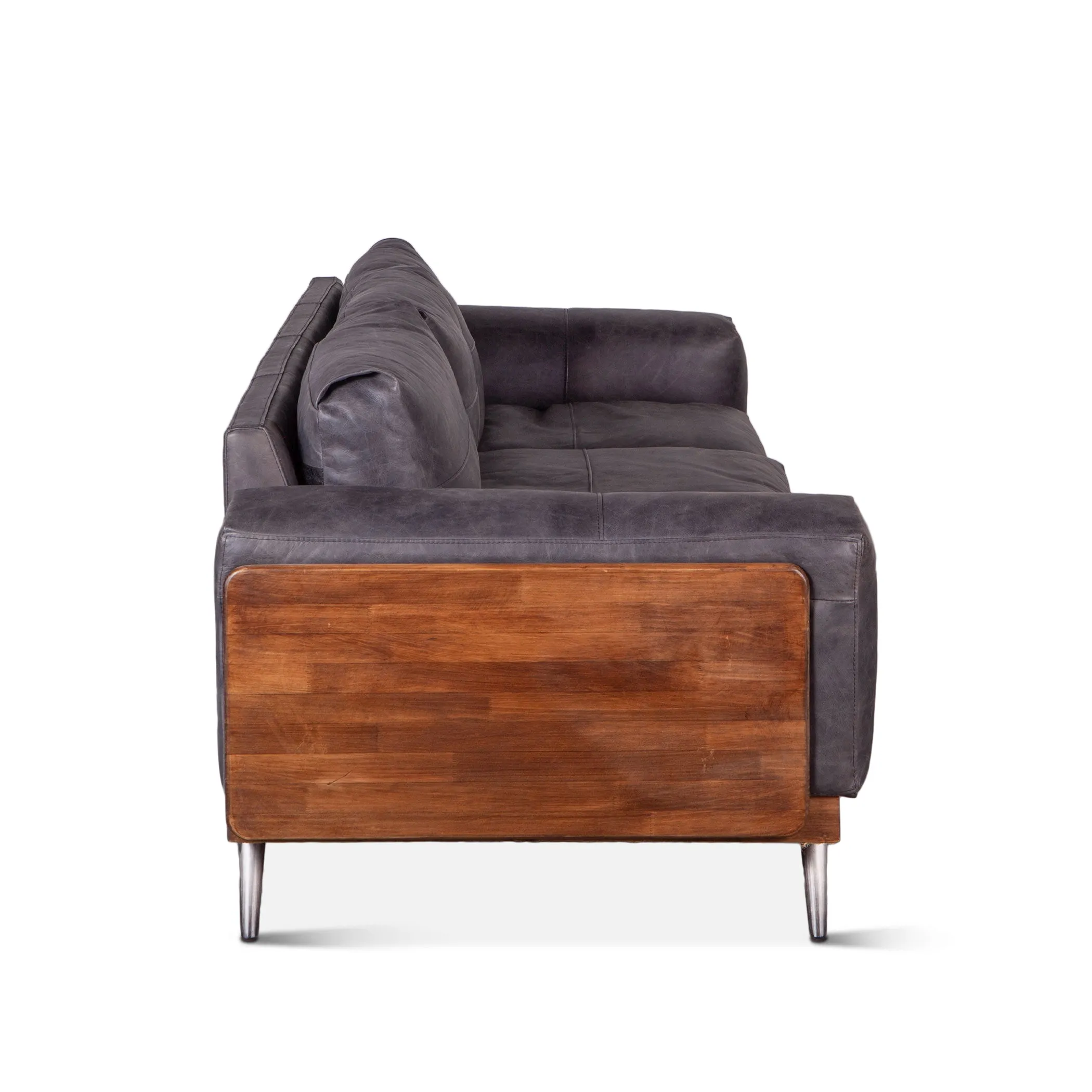Mid Century Leather and Wood Sofa - Antique Ebony