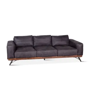 Mid Century Leather and Wood Sofa - Antique Ebony