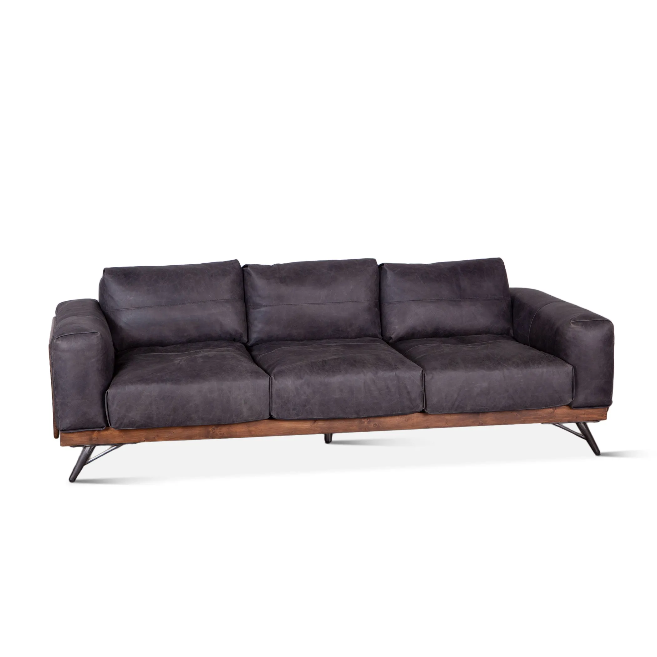 Mid Century Leather and Wood Sofa - Antique Ebony