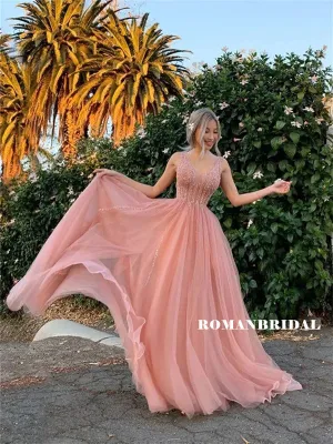 Newest A-line Sleeveless See-though Beading Beading Tulle Prom Dresses, PD0848