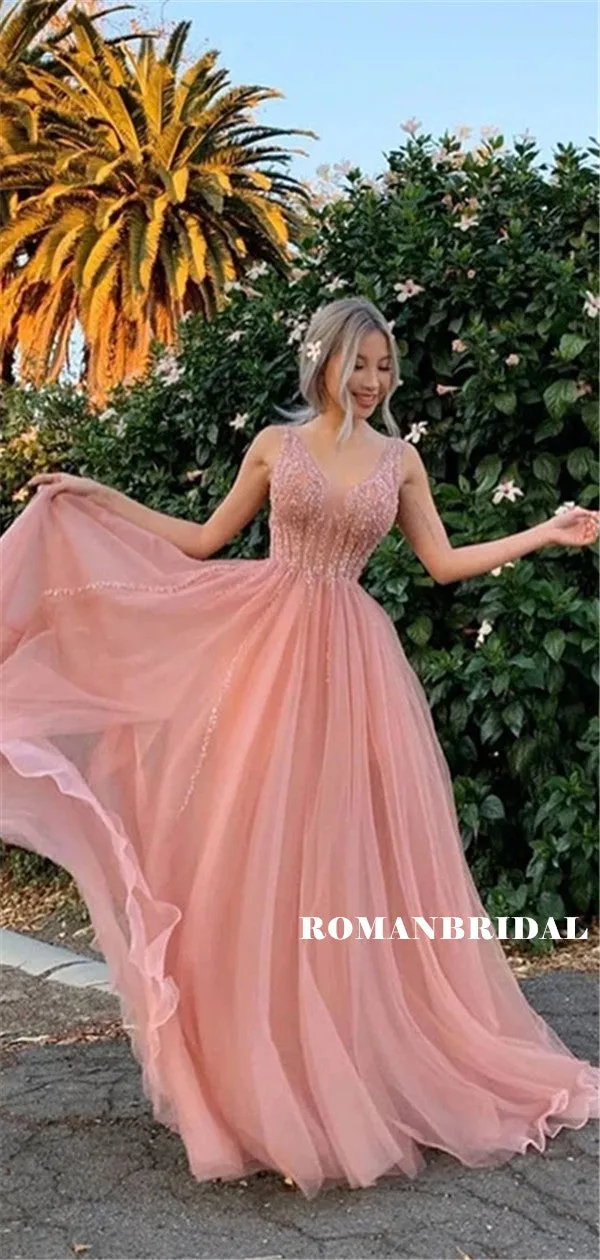 Newest A-line Sleeveless See-though Beading Beading Tulle Prom Dresses, PD0848