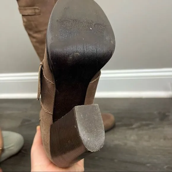 Nine West Vintage vathrowdown leather buckle fond toe heel knee high boots