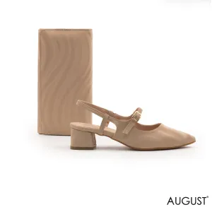 NUDE LEATHER ,BLOCK HEEL PUMP WITH BUCKLE, NUDE SMOOTH LEATHER WALLET WITH FLAP