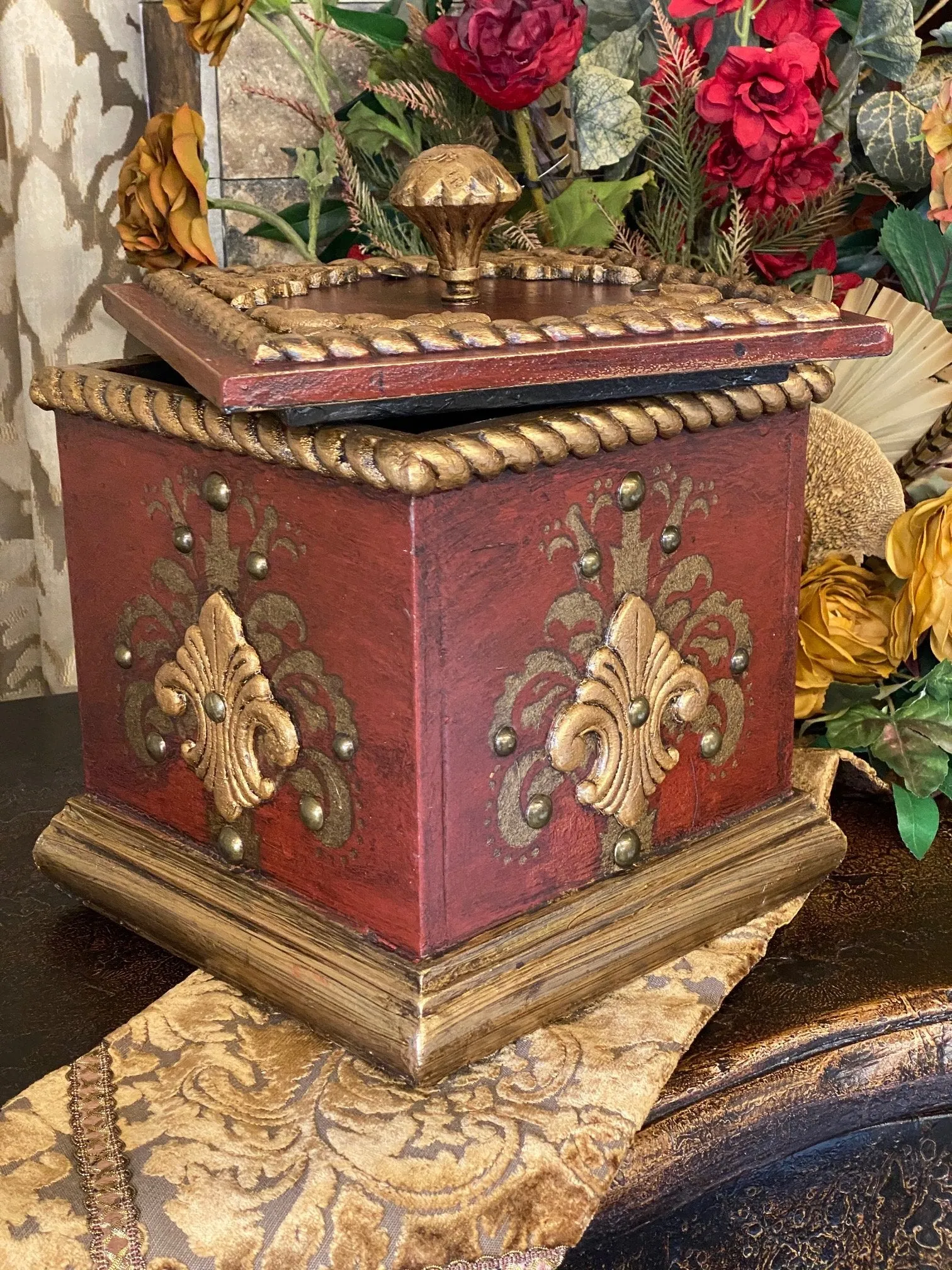 Old World Style Decorative Box with Lid in Antique Red Finish