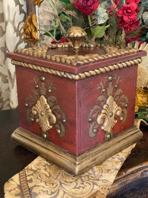 Old World Style Decorative Box with Lid in Antique Red Finish