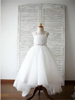 Organza Spaghetti Straps Brush Train Flower Girl Dresses With Beading