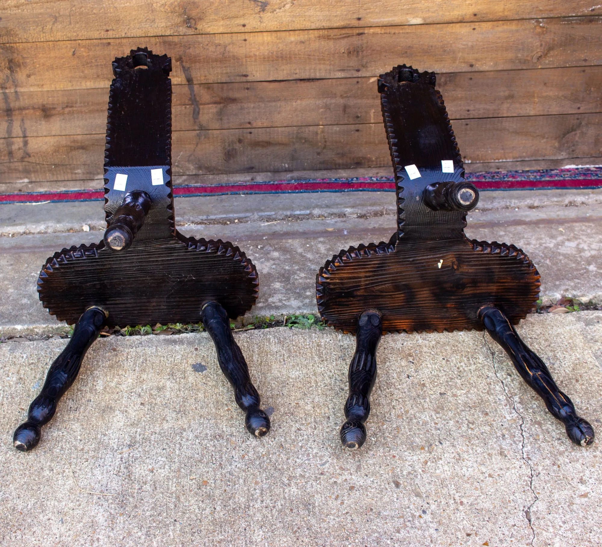 Pair of Antique Spanish Carved Wood & Red Leather Stools