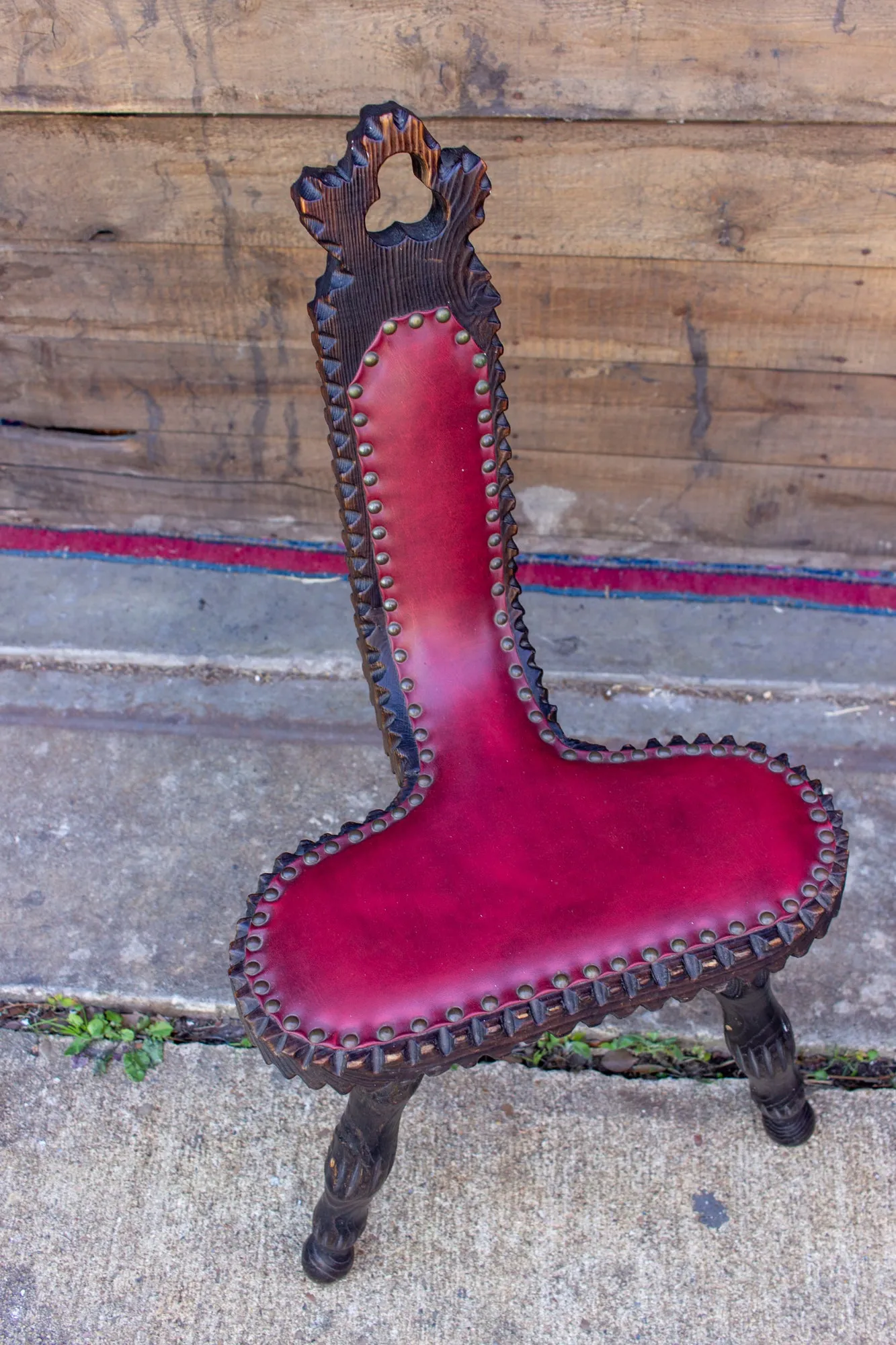 Pair of Antique Spanish Carved Wood & Red Leather Stools