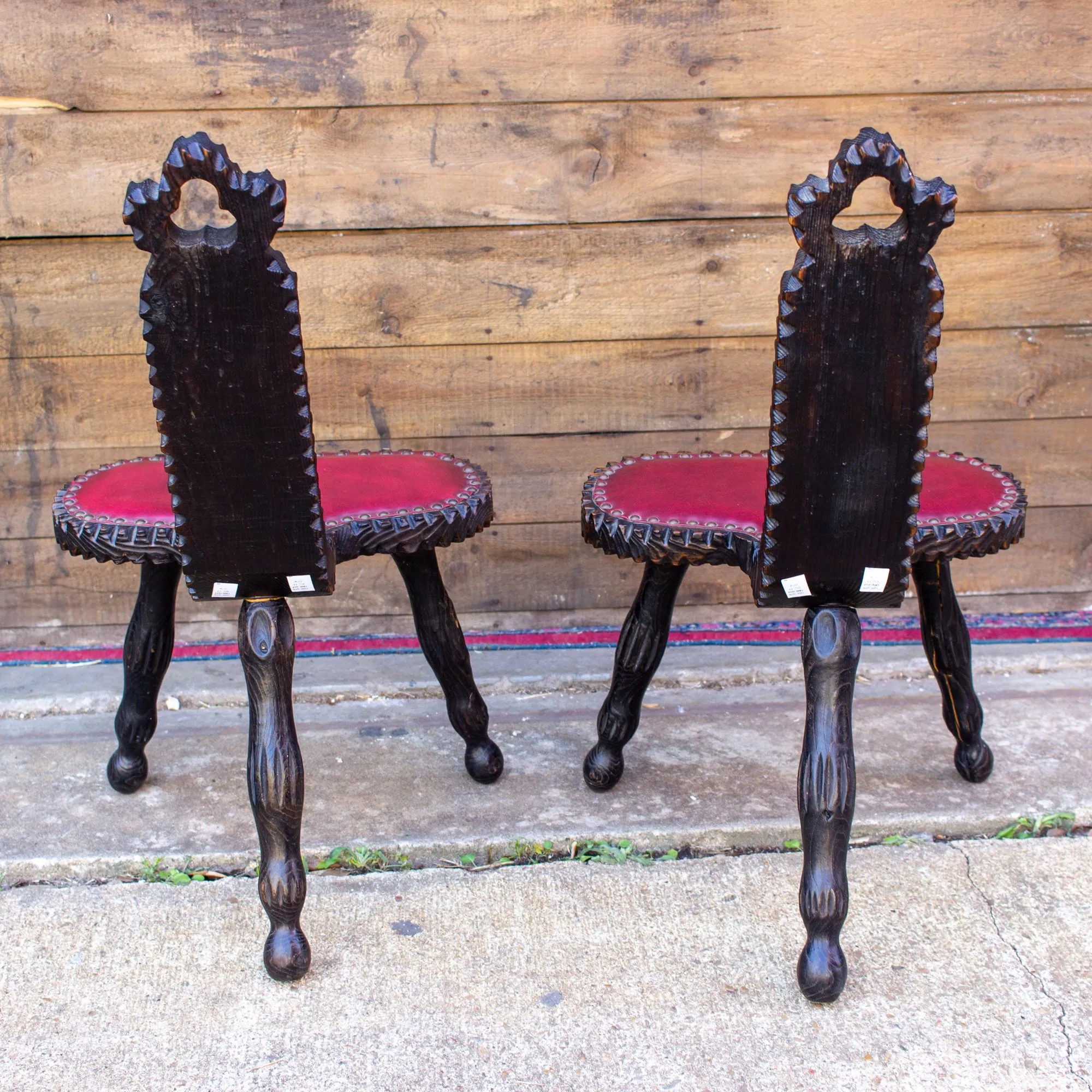 Pair of Antique Spanish Carved Wood & Red Leather Stools