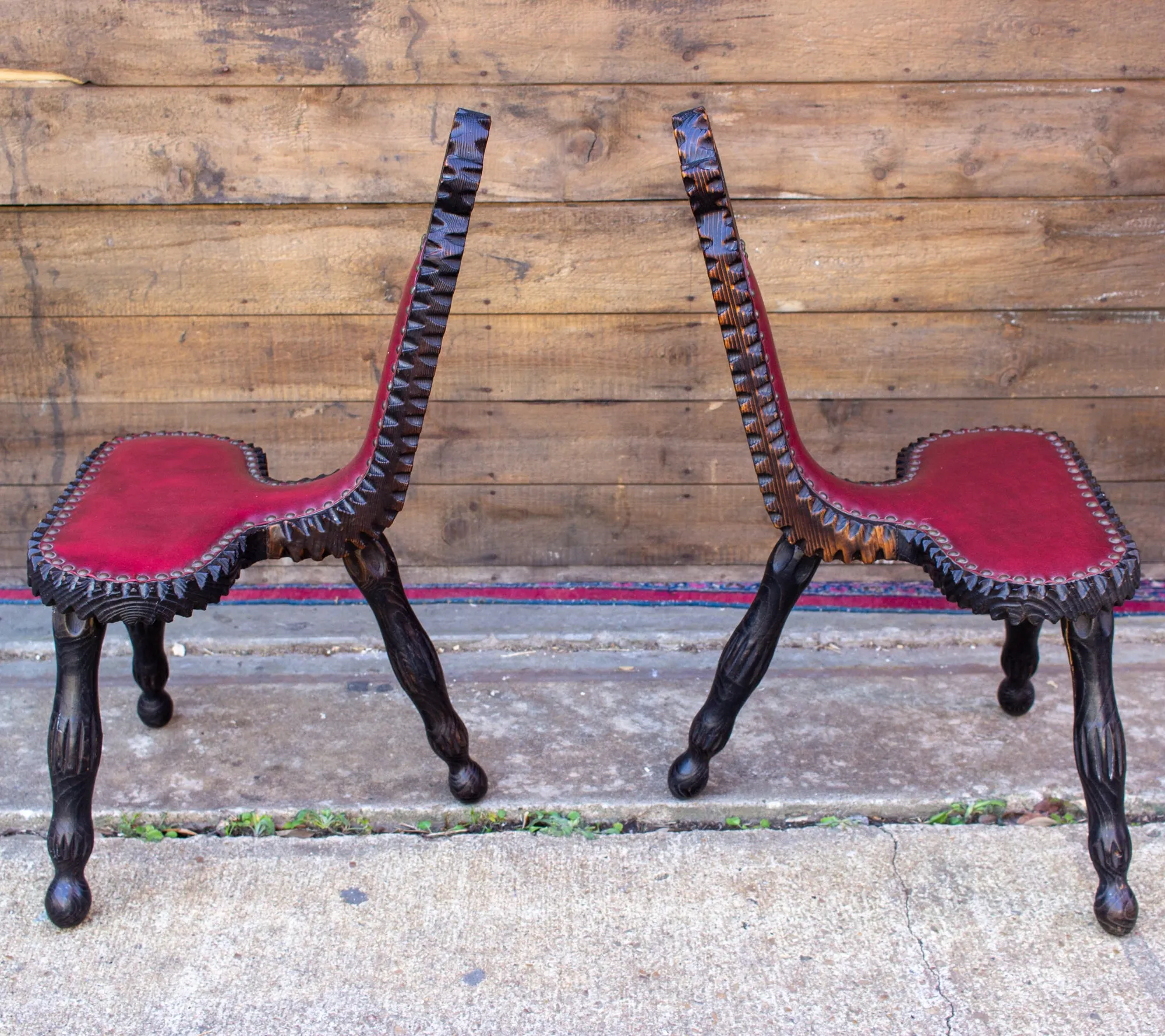 Pair of Antique Spanish Carved Wood & Red Leather Stools