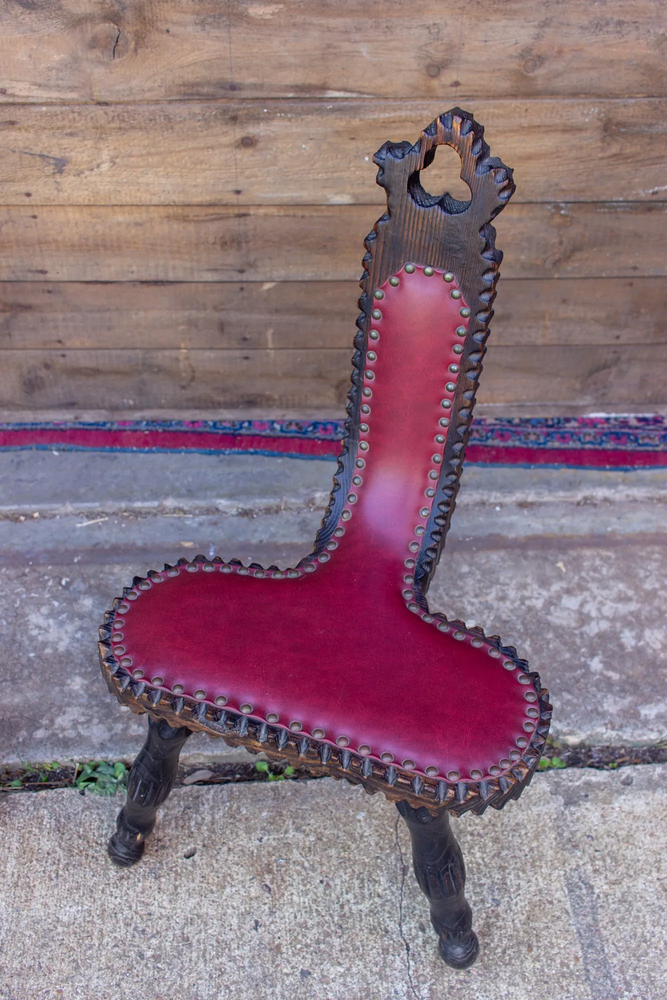 Pair of Antique Spanish Carved Wood & Red Leather Stools