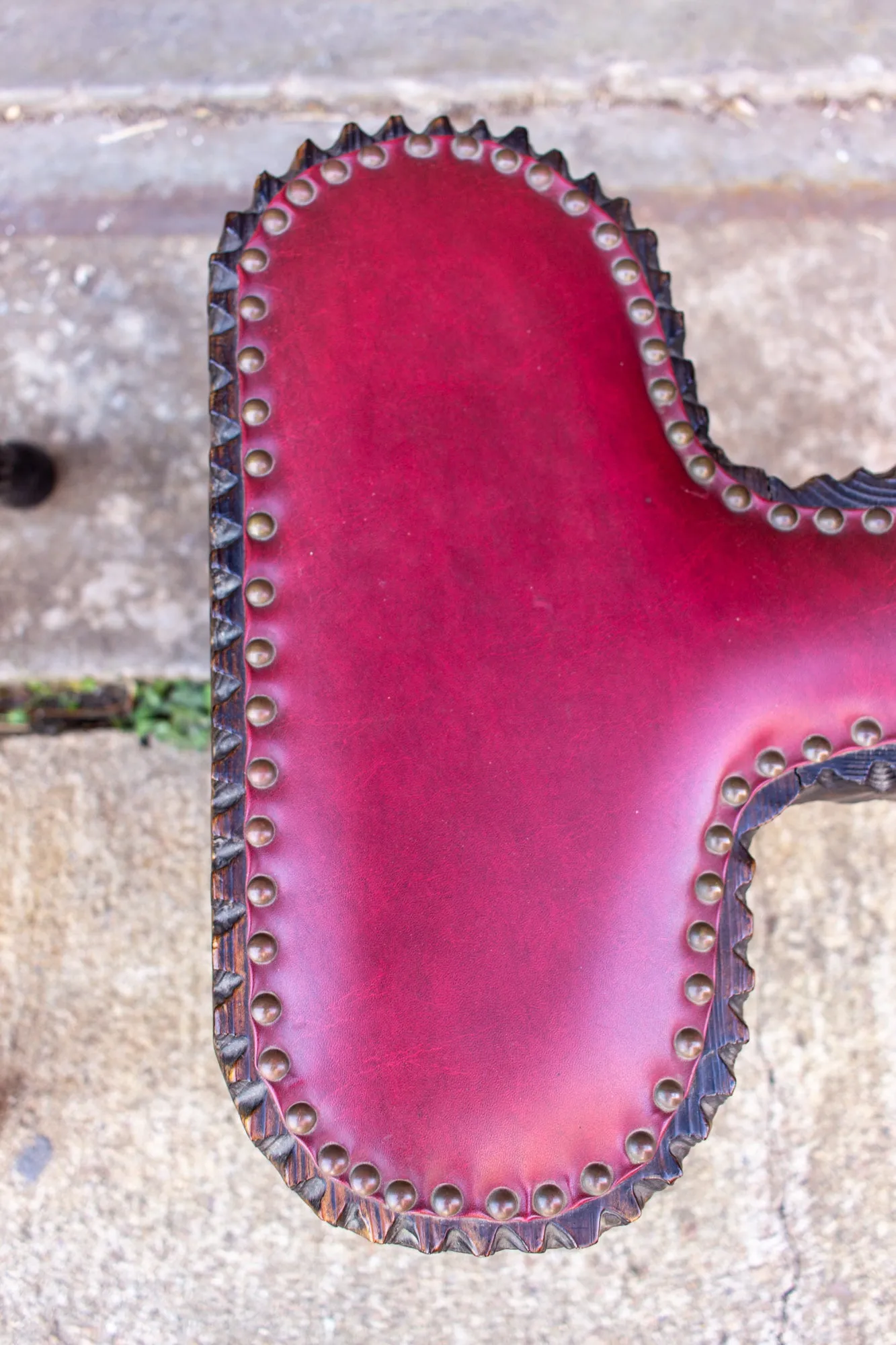 Pair of Antique Spanish Carved Wood & Red Leather Stools