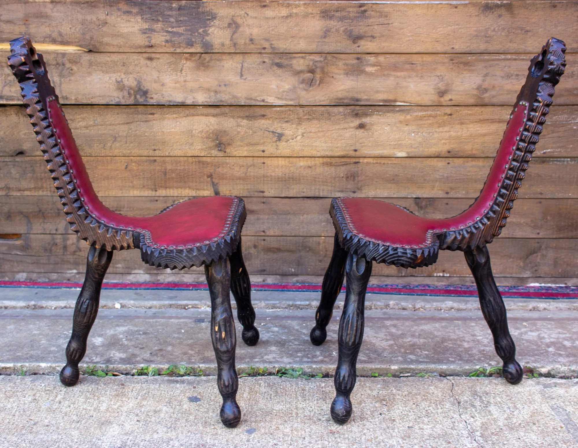 Pair of Antique Spanish Carved Wood & Red Leather Stools