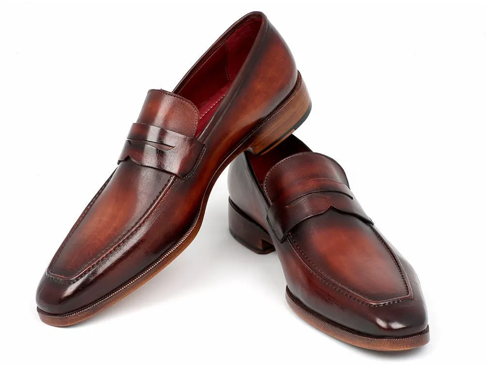 Paul Parkman Men's Hand-Painted Leather Penny Loafers in Bordeaux and Brown