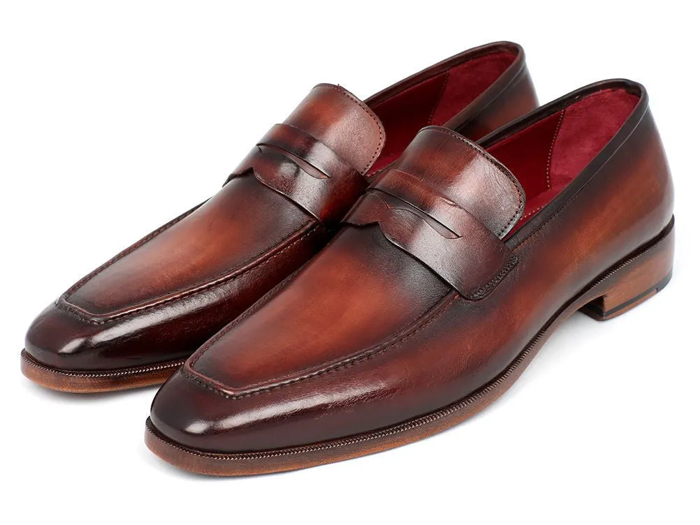 Paul Parkman Men's Hand-Painted Leather Penny Loafers in Bordeaux and Brown