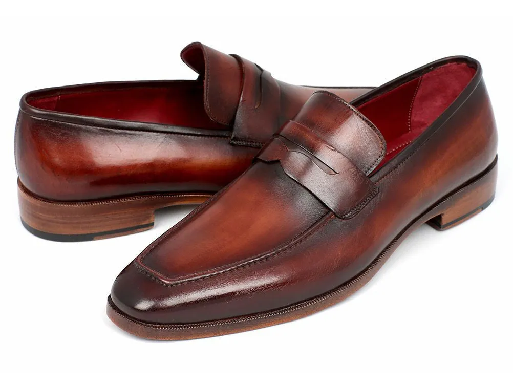 Paul Parkman Men's Hand-Painted Leather Penny Loafers in Bordeaux and Brown
