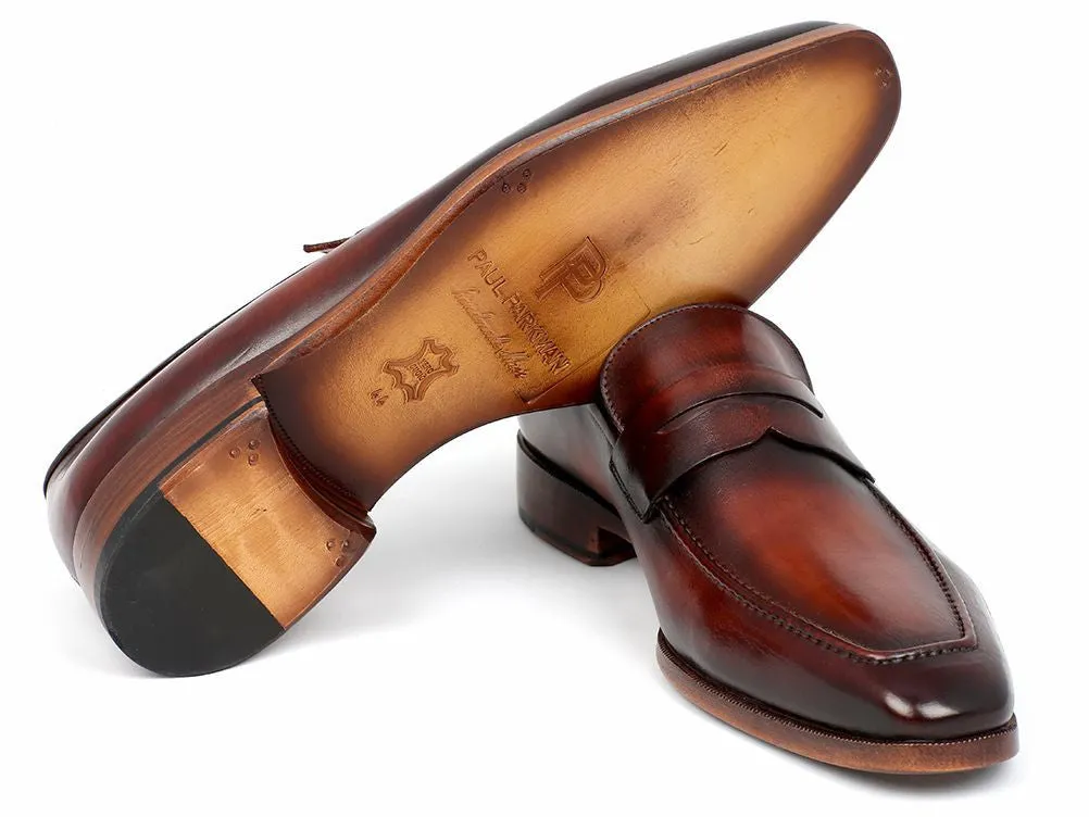 Paul Parkman Men's Hand-Painted Leather Penny Loafers in Bordeaux and Brown