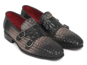 Paul Parkman Men's Woven & Croco-Embossed Leather Monkstraps in Black & Gray