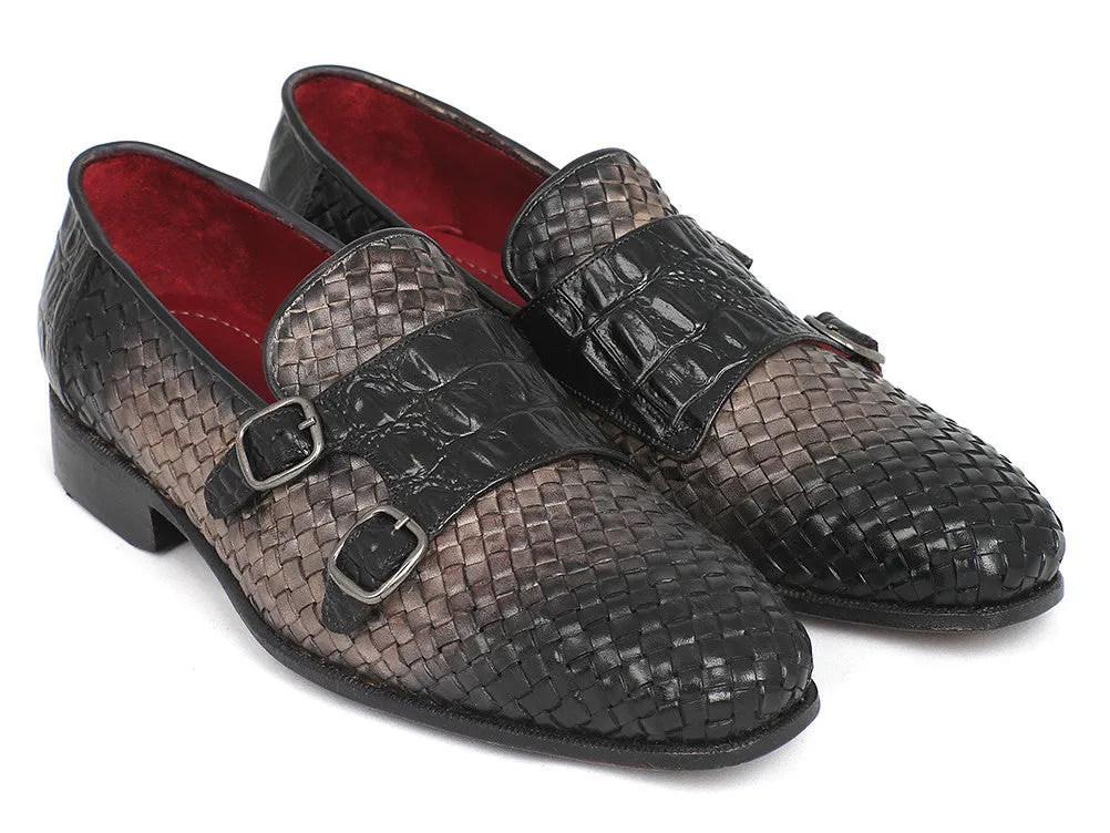 Paul Parkman Men's Woven & Croco-Embossed Leather Monkstraps in Black & Gray