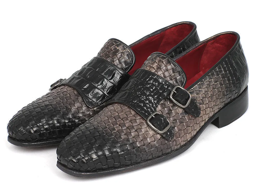 Paul Parkman Men's Woven & Croco-Embossed Leather Monkstraps in Black & Gray