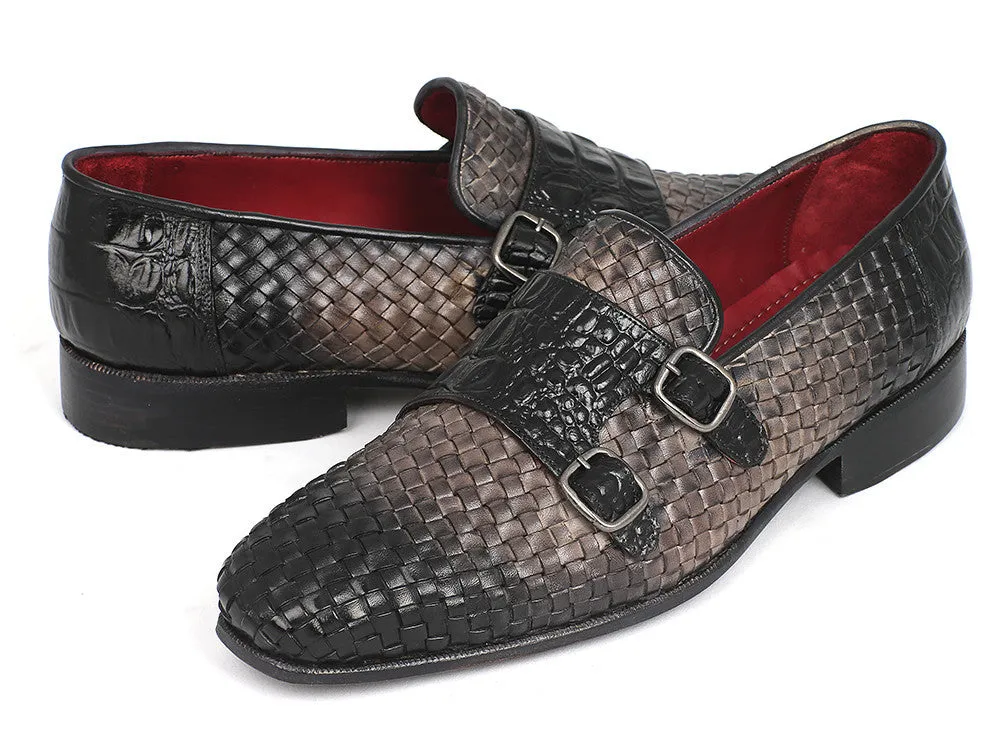 Paul Parkman Men's Woven & Croco-Embossed Leather Monkstraps in Black & Gray