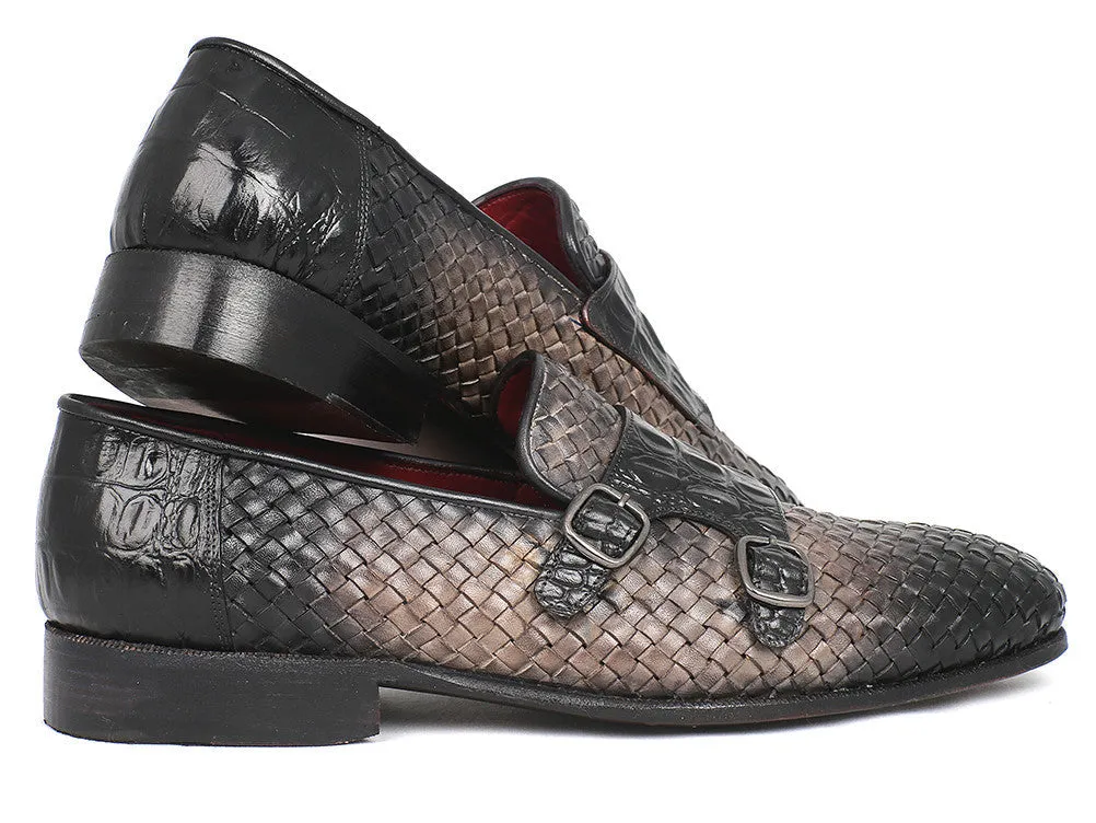 Paul Parkman Men's Woven & Croco-Embossed Leather Monkstraps in Black & Gray