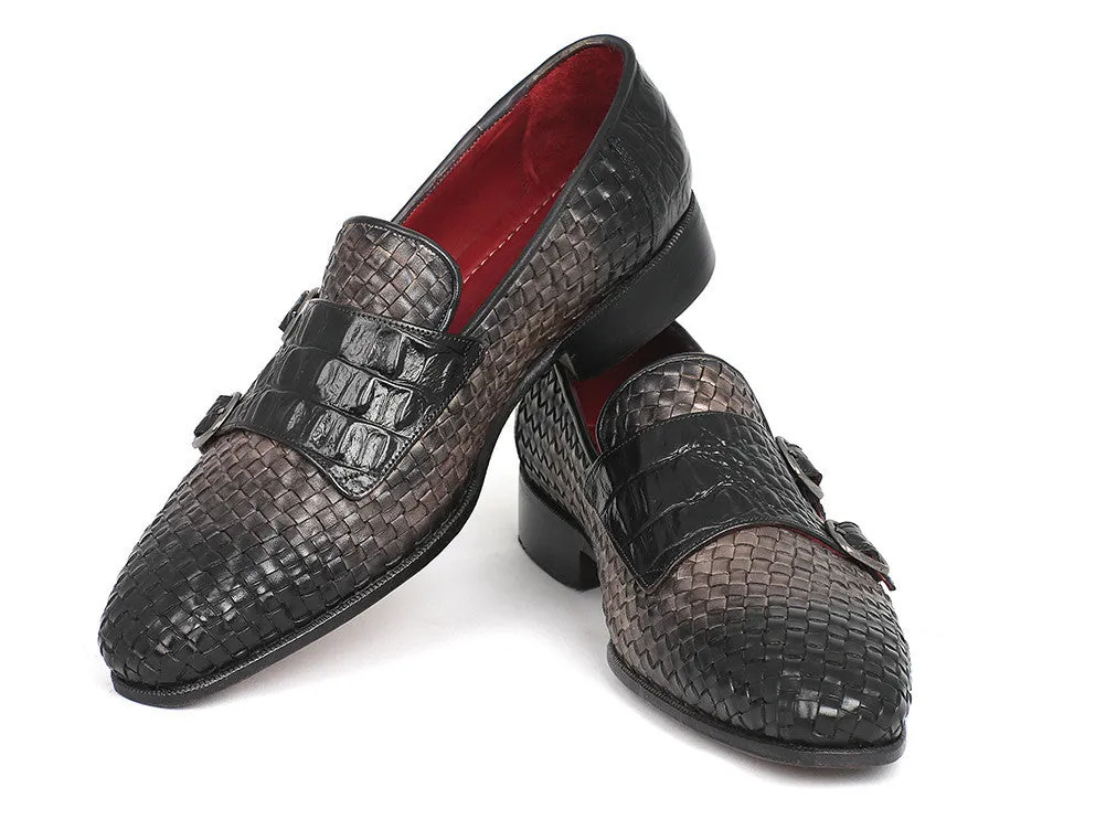 Paul Parkman Men's Woven & Croco-Embossed Leather Monkstraps in Black & Gray