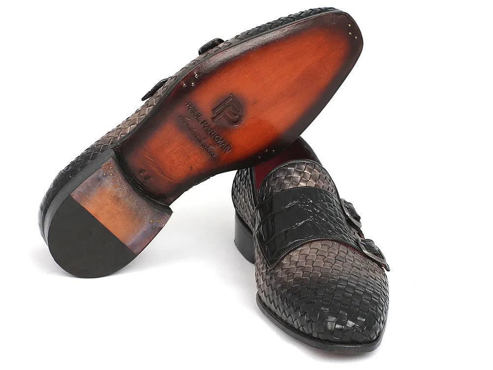 Paul Parkman Men's Woven & Croco-Embossed Leather Monkstraps in Black & Gray