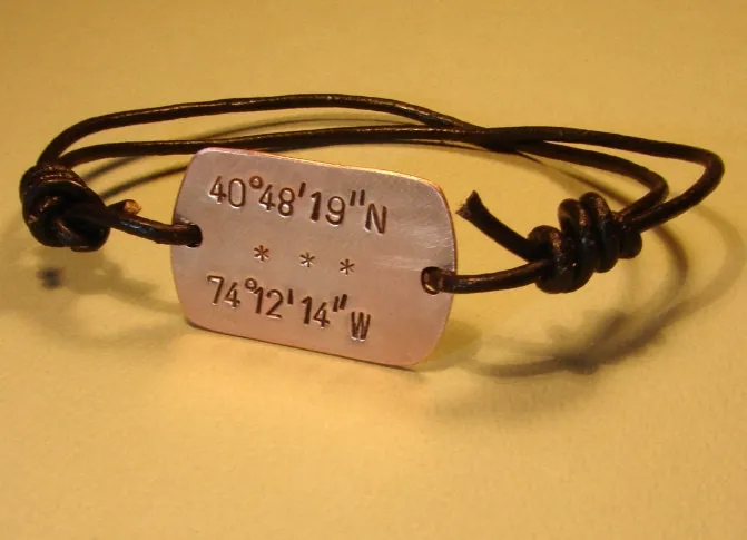 Personalized Latitude longitude coordinates on copper wrap bracelet with leather cord