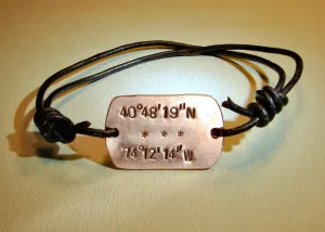Personalized Latitude longitude coordinates on copper wrap bracelet with leather cord