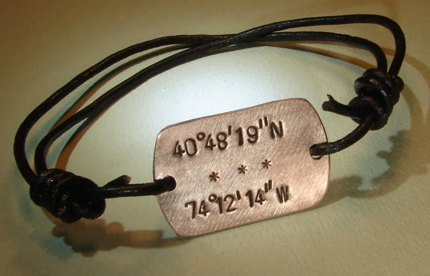 Personalized Latitude longitude coordinates on copper wrap bracelet with leather cord