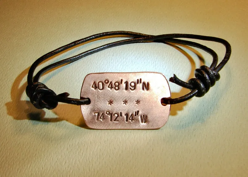 Personalized Latitude longitude coordinates on copper wrap bracelet with leather cord