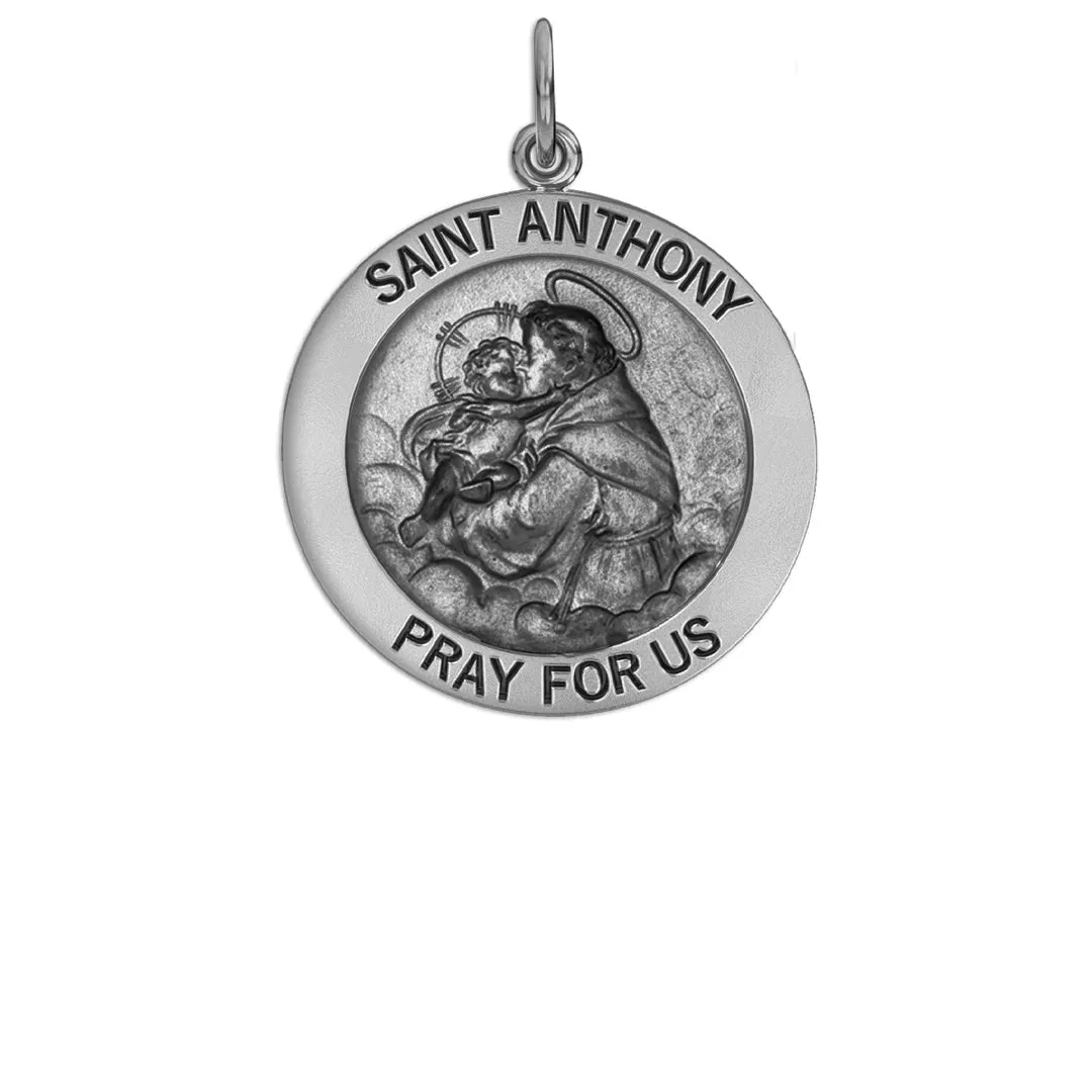 Petite Ladies Antique 925 Sterling Silver Saint Anthony Round Pendant Necklace, 16mm