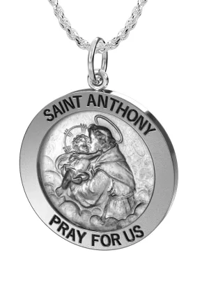 Petite Ladies Antique 925 Sterling Silver Saint Anthony Round Pendant Necklace, 16mm